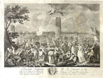 Marseille defendue par les citoyennes en 1524 (contre les troupes de Charles Quint) gravé par Louis-Alexandre Debuigne.