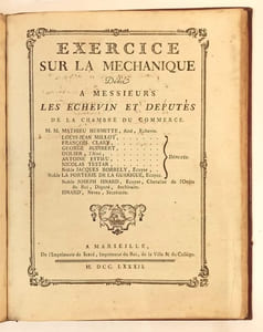 Exercice sur la Mécanique dédié à Messieurs les Echevin (sic) et Députés de la Chambre du Commerce.