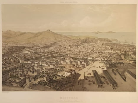 Marseille vue prise au-dessus de la gare, illustration de Guesdon.. GRAVURE - MARSEILLE - Marseille, vue prise de la gare