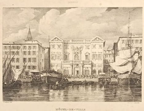 Hôtel de ville à Marseille, d'après un dessin d'Audibert, lithographie de Charavel.. GRAVURE - MARSEILLE Hôtel de ville - AUDIBERT