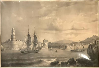 Marseille, entrée du port, lithographie par Ferdinand Perrot.
