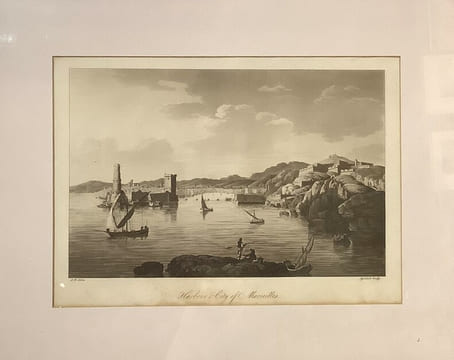 AQUATINTE ANGLAISE D'UNE VUE DU PORT DE MARSEILLE (vers 1830). GRAVURE - MARSEILLE