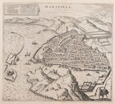 Franz HOGENBERG. Vue de Marseille à vol d'oiseau.. GRAVURE - MARSEILLE