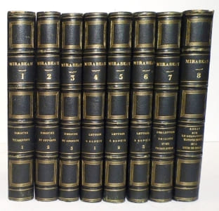 Œuvres précédées d'une notice sur sa vie et ses ouvrages, par M. Mérilhou. Discours et opinions (T.1,2,3), Lettres écrites du Donjon de Vincennes à Sophie Ruffei et à quelques autres personnes (T.4,5,6), Des lettres de cachet et des autres prisons d'Etat (T.7), essai sur sur le despotisme; histoire secrète de la Cour de Berlin (T.8).