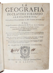 La Geografia di Claudio Tolomeo Alessandrino, Già tradotte di greco in italiano da M. Giero. Ruscelli: & hora in questo nuoua editione da M. Gio. Malomba ricoretta, & purgata d'infiniti errori: come facilmente nella Prefatione a Lettori può ciascuno... - [DEPICTING THE WORLD]