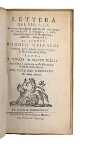 Lettera del Sign. A.L.R....al Signor Romolo Grimaldi...sopra il Vivajo di Piante Scelte. Stabilito a Villanouva presso Chamberry Capitale della Savoja. Col Catalogo Ragionato di dette piante.