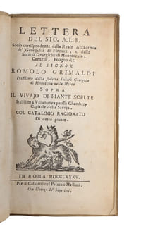 Lettera del Sign. A.L.R....al Signor Romolo Grimaldi...sopra il Vivajo di Piante Scelte. Stabilito a Villanouva presso Chamberry Capitale della Savoja. Col Catalogo Ragionato di dette piante.
