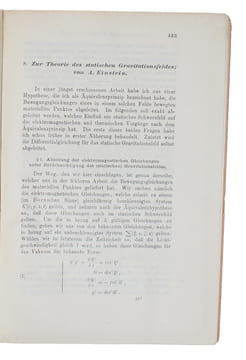 Lichtsgeschwindigkeit und Statik des Gravitationsfeldes (&) Zur Theorie des statischen Gravitationsfeldes". EINSTEIN, ALBERT.