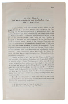 Zur Theorie der Lichterzeugung und Lichtsabsorption" (Eingegangen 13. März 1906). (On the Theory of Light Production and Light Absorption).. EINSTEIN, ...