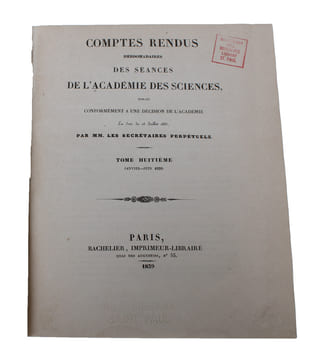 Fixation des images qui se forment au foyer d'une chambre obscure. (Seance du Lundi 7 Janvier 1839).. "ARAGO, FRANCOIS - LOUIS DAGUERRE. - FIRST ...
