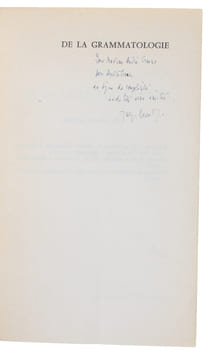 De la grammatologie. - [THE MAIN WORK OF DECONSTRUCTION - MAGNIFICENT PRESENTATION-COPY]. "DERRIDA, JACQUES.