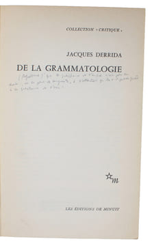 De la grammatologie. - [THE MAIN WORK OF DECONSTRUCTION - PRESENTATION-COPY]. "DERRIDA, JACQUES.