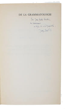 De la grammatologie. - [THE MAIN WORK OF DECONSTRUCTION - PRESENTATION-COPY]. "DERRIDA, JACQUES.