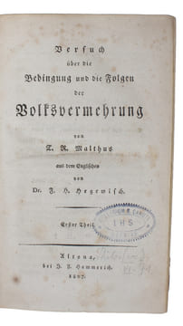 Versuch über die Bedingung und die Folgen der Volksvermehrung, aus dem Englischen von Dr. F.H. Hegewisch. 2 Theile.. MALTHUS, T.R. - DECREASING ...