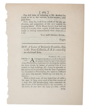 A Letter from Mr. Franklin to Mr. Peter Collinson, F.R.S. concerning the Effects of Lightening. Philadelphia, June 20, 1751. Read Nov. 14, 1751. (+) A ...