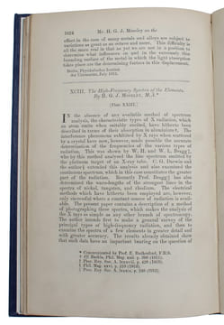The High-Frequency Spectra of the Elements, I-II. - [ESTABLISHING ORDER IN THE PERIODICAL TABLE OF ELEMENTS  - PMM 407]. "MOSELEY, H.G.J. 