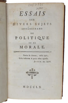 Essais sur divers sujets interessans de politique et de morale.. "SCHMID, GEORG LUDWIG.