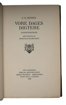 Vore Dages Digtere. Karakteristiker. Med Træsnit af Kongstad Rasmussen. - [MED DEDIKATION FRA HERMAN BANG.]. "JENSEN, C. E.