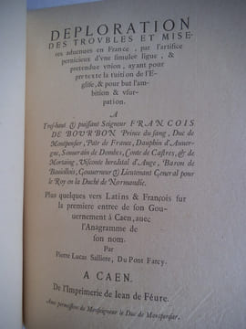 Déploration des troubles et misères advenus en France. . Pierre Lucas SALLIERES DU PONT FARCY