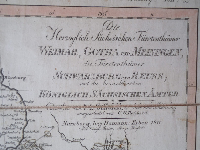 Carte g&eacute;ographique des Principaut&eacute;s Ducales Saxones.Weimar, Gotha et Meiningen, des Principaut&eacute;s de Schwarzbourg, de Reuss. . G&Uuml;SSEFELD – C.G ...