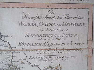 Carte géographique des Principautés Ducales Saxones.Weimar, Gotha et Meiningen, des Principautés de Schwarzbourg, de Reuss.