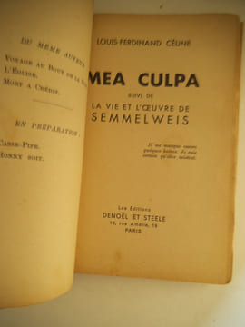 MEA CULPA suivi de la vie et l’oeuvre de SEMMELWEIS.. CELINE Louis Ferdinand