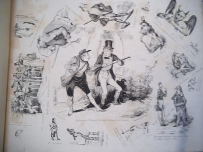 Collectif Le cahos  caricatures de tout le monde. Suite complète en premier tirage de 32 lithographies animées, en noir. Dont 16 par DAUMIER (chasse et pêche) Chez Aubert Galerie Véro-Dodat imprimerie d’Aubert & Cie(1841)  335x260mm.(le seconde tirage avec le titre CHAOS  est de 1842) A la suite  25 lithographies en noir :Galerie comique, les chanteurs de rue, types français, écrivains publics, miroir caricatural  par CHAM-PLATEL- GRANDVILLE- DAUMIER- EMY- l’ensemble des 57 lithographies  en un volume demi-cuir marron , fers dorés en long, reliure d’époque. Des  rousseurs  éparses. Rare.