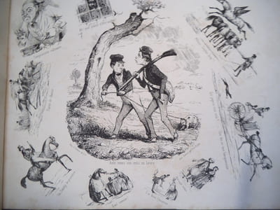 Collectif Le cahos  caricatures de tout le monde. Suite complète en premier tirage de 32 lithographies animées, en noir. Dont 16 par DAUMIER (chasse et pêche) Chez Aubert Galerie Véro-Dodat imprimerie d’Aubert & Cie(1841)  335x260mm.(le seconde tirage avec le titre CHAOS  est de 1842) A la suite  25 lithographies en noir :Galerie comique, les chanteurs de rue, types français, écrivains publics, miroir caricatural  par CHAM-PLATEL- GRANDVILLE- DAUMIER- EMY- l’ensemble des 57 lithographies  en un volume demi-cuir marron , fers dorés en long, reliure d’époque. Des  rousseurs  éparses. Rare.