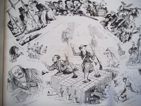 Collectif Le cahos caricatures de tout le monde. Suite complète en premier tirage de 32 lithographies animées, en noir. Dont 16 par DAUMIER (chasse ...