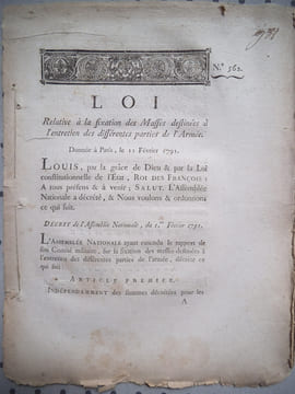 LOI 562 relative à la fixation des masses destinées à l’entretien des différentes parties de l’armée.. Collectif.