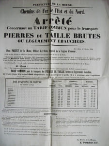Chemin de l’Est et du Nord Arrêté concernant un tarif commun pour le transport des pierres de taille brutes ou légèrement ébauchées.