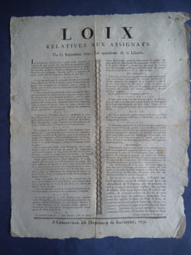 Loix relatives aux assignats du 13 septembre 1792. L’An quatrième de la République.. Collectif