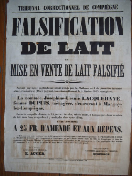 falsification de lait et mise en vente de lait falsifi&eacute;. Condamnation de la nomm&eacute;e Jos&eacute;phine Ursule LACQUEHAYE. AFFICHE 