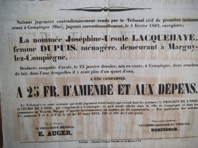 falsification de lait et mise en vente de lait falsifié. Condamnation de la nommée Joséphine Ursule LACQUEHAYE