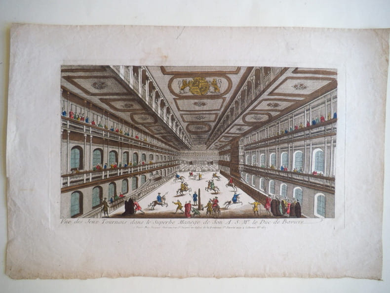 Vue des jeux Tournois dans le superbe man&egrave;ge de son A.S Mr le Duc de Bavi&egrave;re. . Vue d’optique