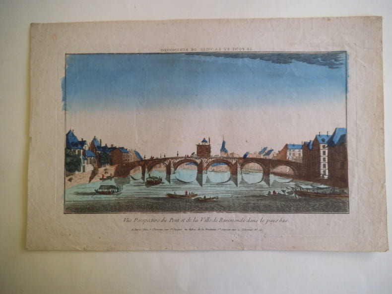 Vue perspective du Pont et de la ville de Rudemonde dans le pays  bas . Vue d’optique 