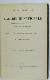 Journal des Travaux de l'Académie Nationale Agricole, Manufacturière et Commerciale (...) et de la Société Française de Statistique Universelle. Quarante-Troisième Année (Année 1873), Quarante-Quatrième Année (Année 1874) [Incomplète], Quarante-Cinquième Année (Année 1875) [Incomplète], Quarante-Sixième Année (Année 1876) [Incomplète], Quarante-Septième Année (Année 1877), Quarante-Huitième Année (Année 1878) [Incomplète].
