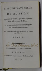 Histoire Naturelle de Buffon, classée par ordres, genres et espèces, d'après le système de Linné, avec les caractères génériques et la nomenclature Linnéenne ; Par René-Richard Castel, auteur du poëme des Plantes. [Volumes 1 et 2.] Théorie de la Terre. [Vol. 3] Discours généraux sur l'Histoire Naturelle. [Vol. 4 à 10] Quadrupèdes (tomes I à VII.). 
