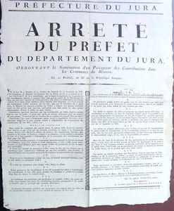 Arrêté du Préfet du département du Jura, ordonnant la Nomination d’un Percepteur des Contributions dans les Communes du Ressort. Du 21 Prairial, an XI de la République Française. [10 Juin 1803].
