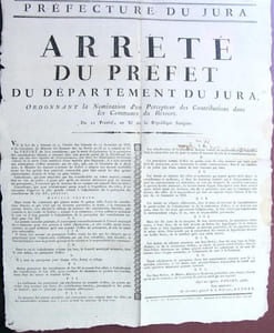 Arrêté du Préfet du département du Jura, ordonnant la Nomination d’un Percepteur des Contributions dans les Communes du Ressort. Du 21 Prairial, an XI de la République Française. [10 Juin 1803].