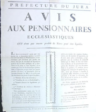 Avis aux pensionnaires ecclésiastiques qui n’ont pas encore produit de Titres pour être liquidés.. (Document) Préfecture du Jura (Révolution)