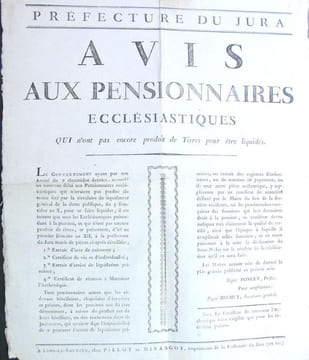 Avis aux pensionnaires ecclésiastiques qui n’ont pas encore produit de Titres pour être liquidés.. (Document) Préfecture du Jura (Révolution)