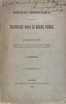 Recherches morphologiques sur les ventouses dans le règne animal. NIEMIEC J.
