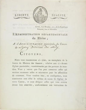 L'Administration départementale du Rhône ; à l'Administration municipale du Canton de Lyon, division du Midy. (Document) Administration départementale ...