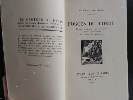 FORCES DU MONDE Drame écrit pour un musicien d' après une nouvelle du comte de Gobineau. BLOCH Jean-Richard