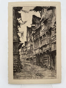 Grvaure Eau forte originale : Lisieux La rue aux Fêvres. CATELINIERE pseudonyme d'Emile LEROI