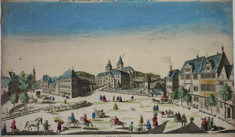 Vue d'optique Estampe &laquo; representant les environs du marche aux chevaux de Stetin en Allemagne &raquo;. 