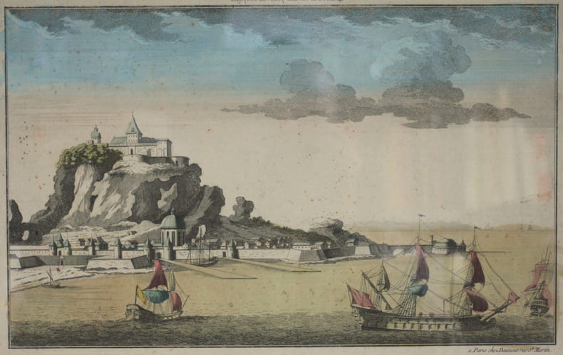 Vue d'optique &laquo; Vue du detroit et de la ville de Gibraltar petite ville d'Espagne dans l'Andalousie, appartenant aux anglais depuis 1704 &raquo;. 