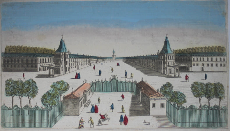 Vue d'optique Estampe &laquo; Vue du palais royale de Porticy a six milles de Naples vis a vis le Mt Vesuve. Il est batie sur la ruines de la fameuse ville ...