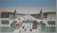 Vue d'optique Estampe « Vue du palais royale de Porticy a six milles de Naples vis a vis le Mt Vesuve. Il est batie sur la ruines de la fameuse ville d'Herculiane découte »